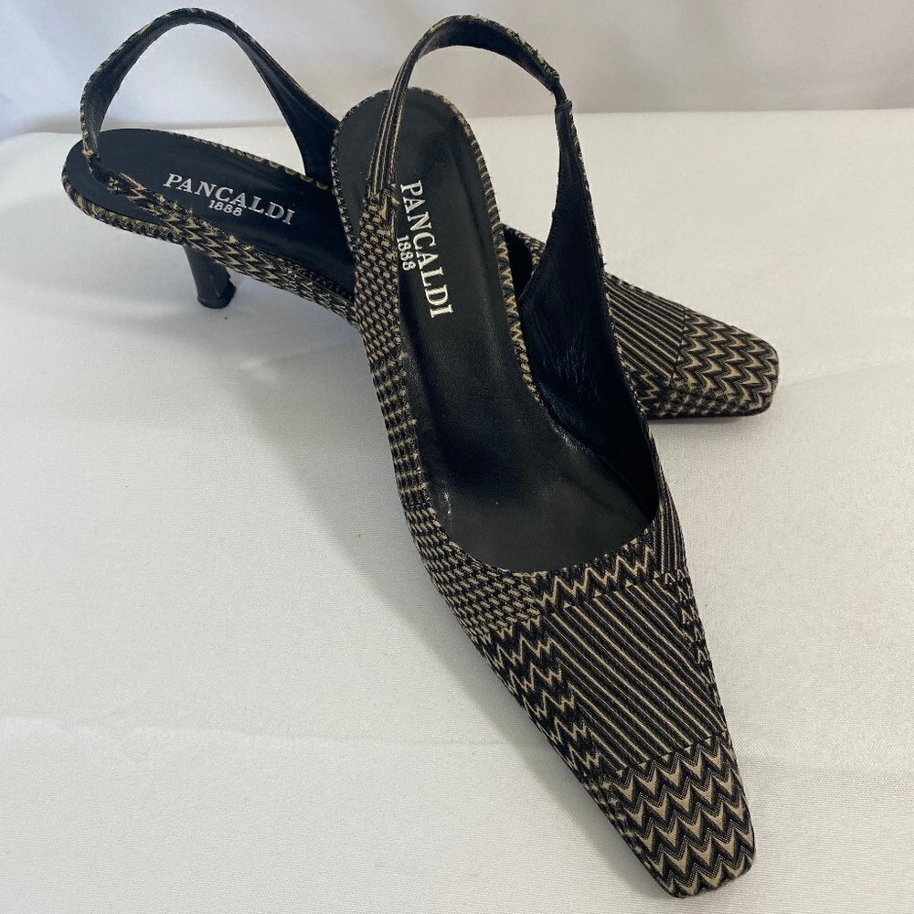 Pancaldi Designer Black & Tan Geometric Fabric Pattern Shoes Size 9AA